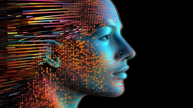 Rostro humano digital en abstracción La ciberseguridad y los grandes datos son conceptos de representación de inteligencia artificial en 3D