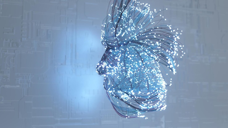Foto el rostro humano emerge de partículas de neón y neuronas la creación del hombre inteligencia artificial azul