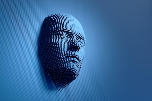 Rostro humano hecho de cubos azules Concepto de inteligencia artificial Ilustración 3d