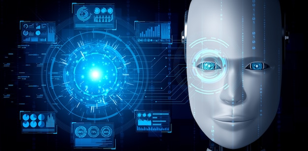 Rostro humanoide robot de cerca con concepto gráfico de análisis de big data