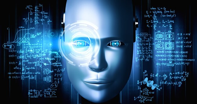 Rostro humanoide robot de cerca con concepto gráfico de estudio de ciencias de la ingeniería