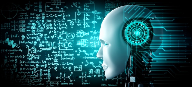 Rostro humanoide robot de cerca con concepto gráfico de estudio de ciencias de la ingeniería