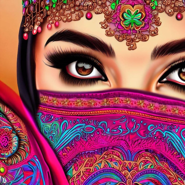 El rostro de una mujer desde un ángulo cercano con hermosos rasgos y decoraciones multicolores.