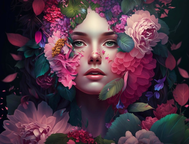 Rostro de mujer cubierto con hermosas floresGenerative AI