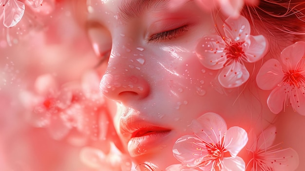 El rostro de la mujer con las delicadas flores de cerezo