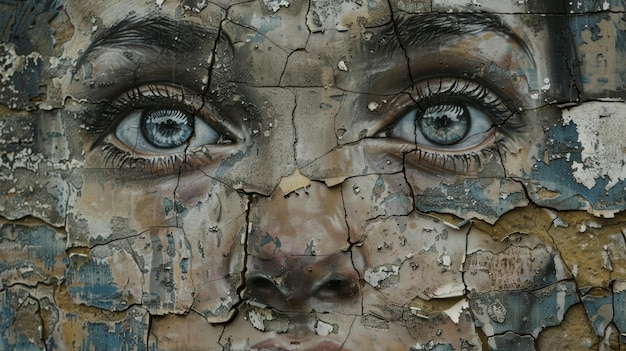 El rostro de una mujer está pintado en una pared con los ojos abiertos la pintura es una mezcla de colores azul y marrón la pintura emite una sensación de curiosidad y asombro