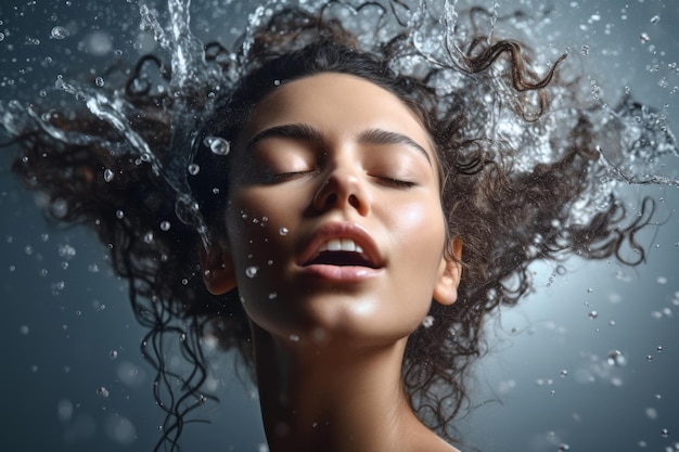 El rostro de una mujer está rodeado de agua.