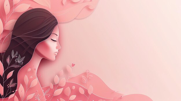 Foto rostro de mujer hermosa con fondo floral rosa ai generativo