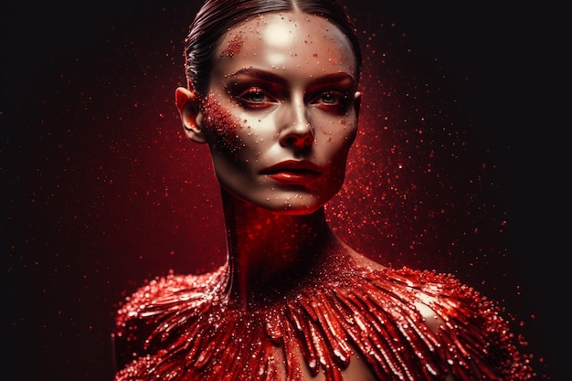Rostro de mujer hermosa con maquillaje artístico de brillos rojos
