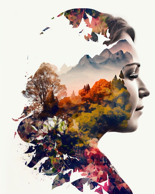 Rostro de mujer con una imagen de montañas y árboles.