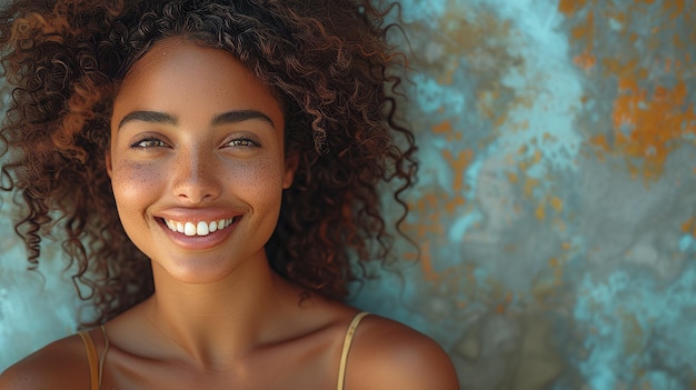 El rostro de una mujer joven con una hermosa sonrisa está enmarcado por una pared gris con espacio de copia chica multiétnica exitosa mujer latina mirando a la cámara contra la pared grisa con dientes blanqueadores