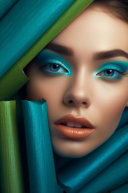 Rostro de mujer con maquillaje azul y verde y pañuelo verde IA generativa