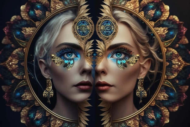 El rostro de una mujer se muestra con un diseño dorado y azul.