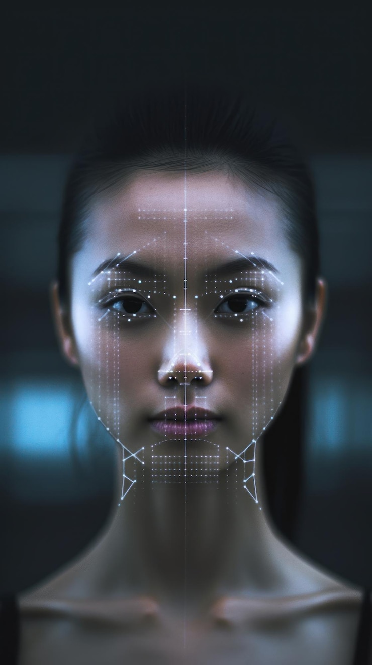 Foto el rostro de una mujer se muestra con una pantalla digital que dice ai.