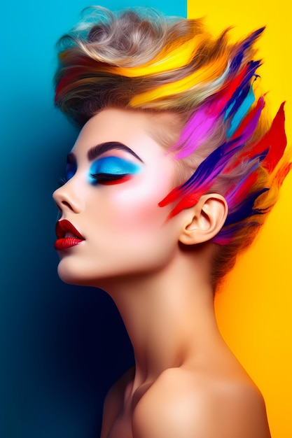 Rostro de mujer con plumas de colores en la cabeza y fondo azul y amarillo brillante IA generativa