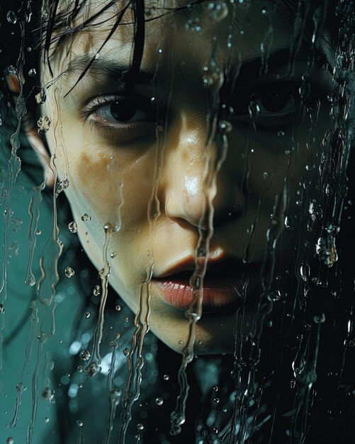 el rostro de una mujer se refleja en una ventana con gotas de agua