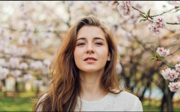 El rostro de la mujer rodeado de flores de cerezo en el fondo de la primavera