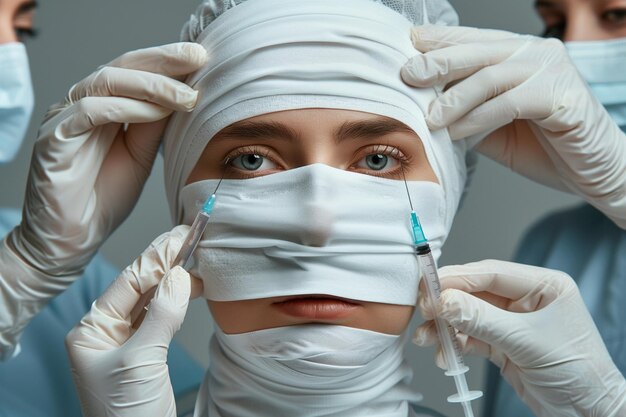 Foto el rostro de una mujer está siendo tratado por un grupo de profesionales médicos.