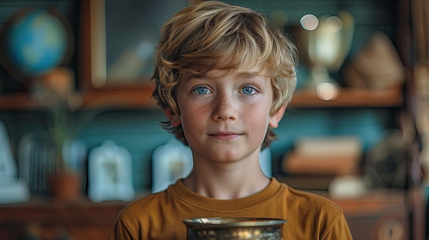 Un rostro de niño joven mostrando orgullo sosteniendo un trofeo