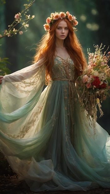 el rostro de una princesa de impresionante belleza vestida con un impresionante vestido verde