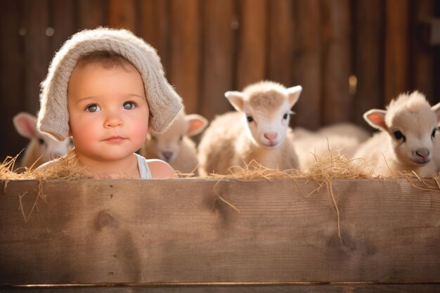 Foto rostro querubino de un niño rostro inocente de un niño niño junto a animales hermosos y lindos