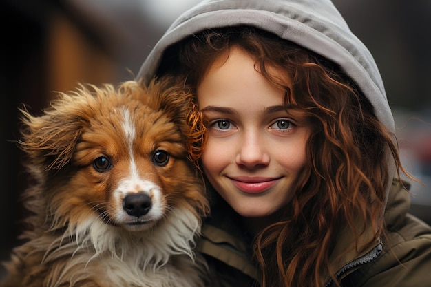 Rostro radiante abraza con alegría a su querida mascota generativa IA