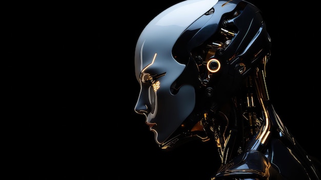 El rostro del robot cyborg de aspecto humano en un fondo oscuro