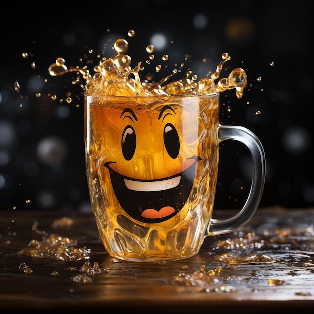 un rostro sonriente con una cara sonriente está salpicando agua en una taza de cerveza