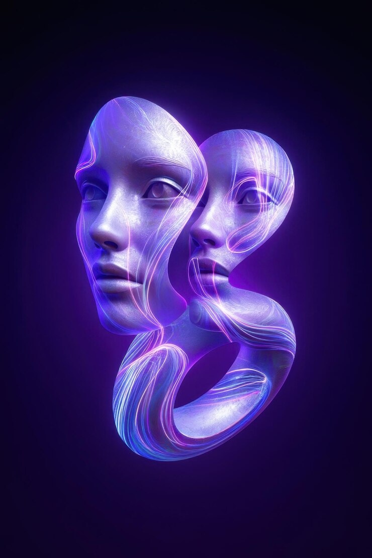 Rostros abstractos con remolinos de neón en colores vibrantes