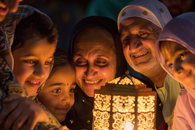 Los rostros alegres de una familia iluminados por la luz de la linterna del Ramadán