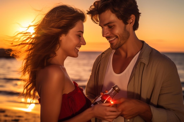 Los rostros alegres de una pareja de tesoros escondidos descubren una carta de amor en una botella en la playa