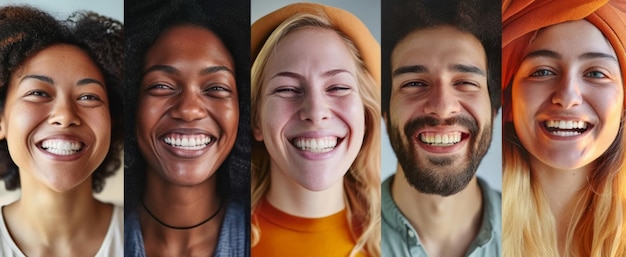 Foto rostros diversos e alegres, retratos sorridente de várias etnias.