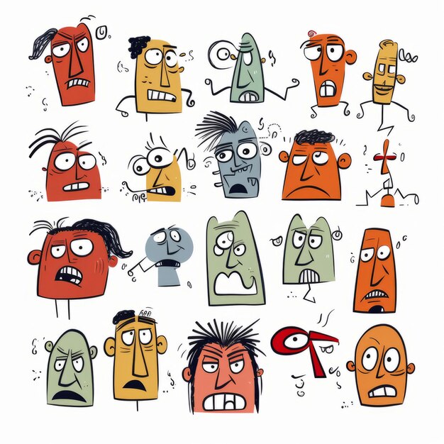 Rostros divertidos de dibujos animados Ilustración vectorial dibujada a mano Conjunto de personajes