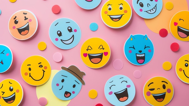 Rostros de emojis de papel coloridos en un fondo rosado