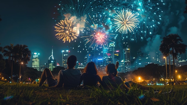 Rostros iluminados por fuegos artificiales en un parque amigos celebran con la vista del horizonte de la ciudad