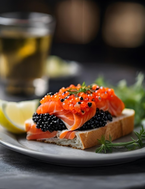 Rot-Fisch- und Kaviar-Sandwich auf dem Tisch draußen