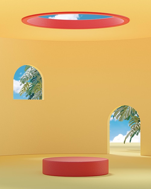 Rot-gelber Podiumsständer auf zylindrischer Struktur, blauer Himmelshintergrund für Produktplatzierung 3D-Render