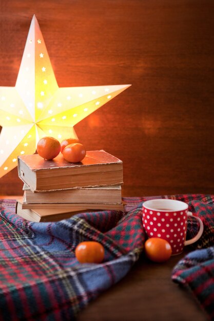 Rot gepunktete Tasse oder Teetasse mit heißer Schokolade auf einer schottischen Decke. Gemütliches Wohnkonzept mit Büchern. Eine Tasse festliche heiße Schokolade. Traditioneller hausgemachter Weihnachtskakao und Mandarinorange Citrus