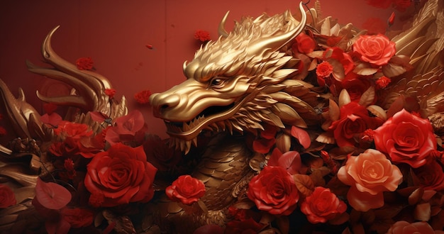 Rot-Gold-Chinesisches Neujahr Drache Blumen-Asiatische Rahmen Kopie Weltraum-Hintergrund