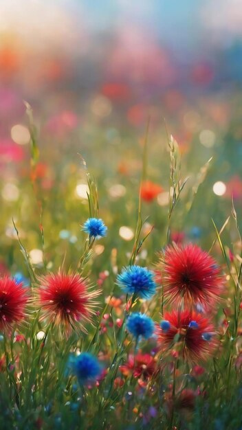 Rot-grünes und blaues Bokeh-Gras mit farbenfrohen Blumen abstrakter Naturhintergrund