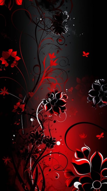 Rot-schwarze Tapete mit schwarzem Hintergrund und einer roten Blume in der unteren rechten Ecke.