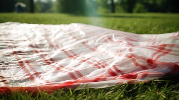Rot-weiß karierte Picknickdecke auf einer grünen Wiese an sonnigen Tagen auf dem Rasen im Sommerpark, verschwommener Hintergrund