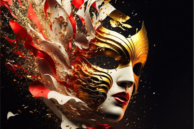 Rot-weiße Karnevalsmaske mit Glitzer auf einem Hintergrund aus Goldfolienkonfetti und Luftschlangen