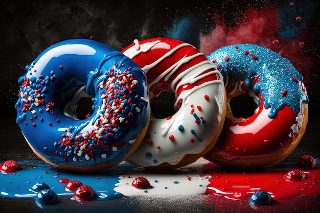 Rot-weiße und blaue Donuts mit glasierter generativer KI Frische süße Donuts in Bewegung mit mehrfarbiger Fruchtglasur und Streuseln dekoriert Fast Sweet Food-Konzept Backwaren-Werbedesign-Elemente