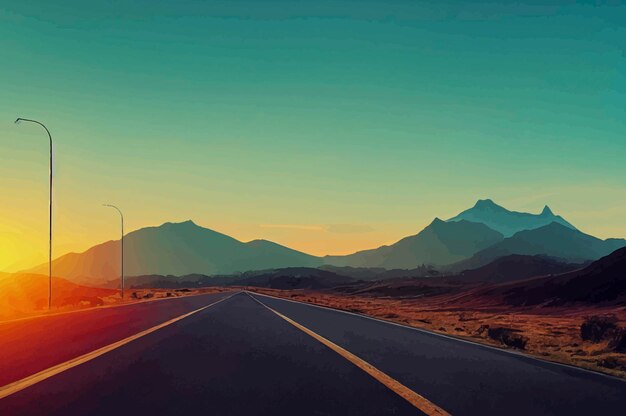 Rota da estrada com montanhas à frente e pôr do sol no fundo da estrada ilustração da estrada papel de parede