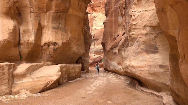 Rota turística através do desfiladeiro para o templo rochoso de Petra Nabataean Jordan