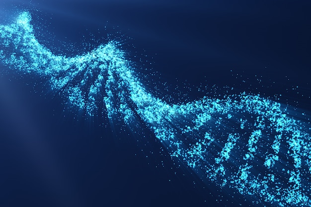 Rotação do DNA, conceito científico de engenharia genética, tonalidade azul. Renderização em 3d