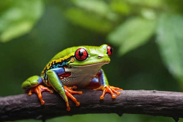 Rotäugiger Baumfrosch im Wald vor dem Hintergrund von Laub