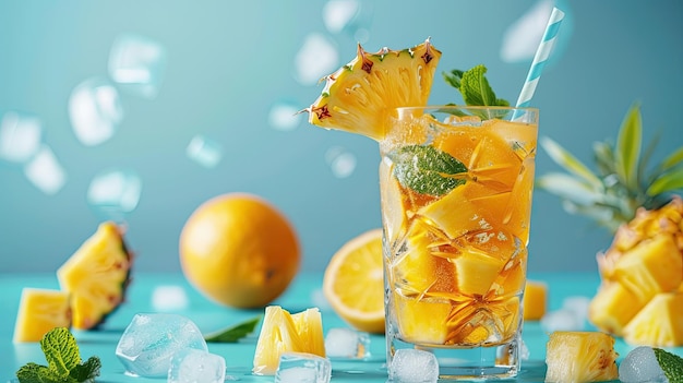 Rotation Sommerfrüchte-Cocktail Kaltes erfrischendes Limetten-Lemonade- oder Mojito-Coctail mit Eiswürfeln und frischen Minzblättern