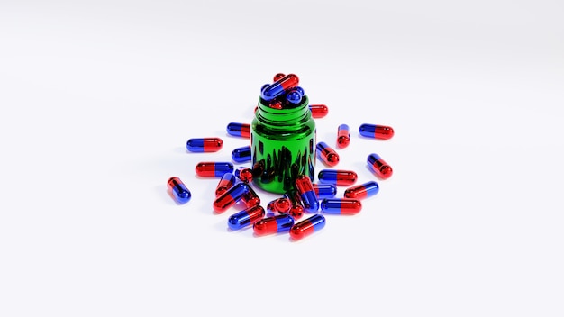 Rotblaue und grüne Matrixpillen mit Medizinflasche